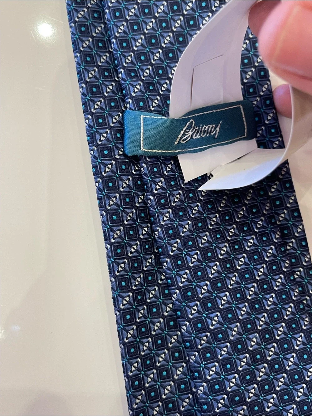 NWT Brioni Silk Tie Handmade in Italy Blue Geometric Pattern Luxury